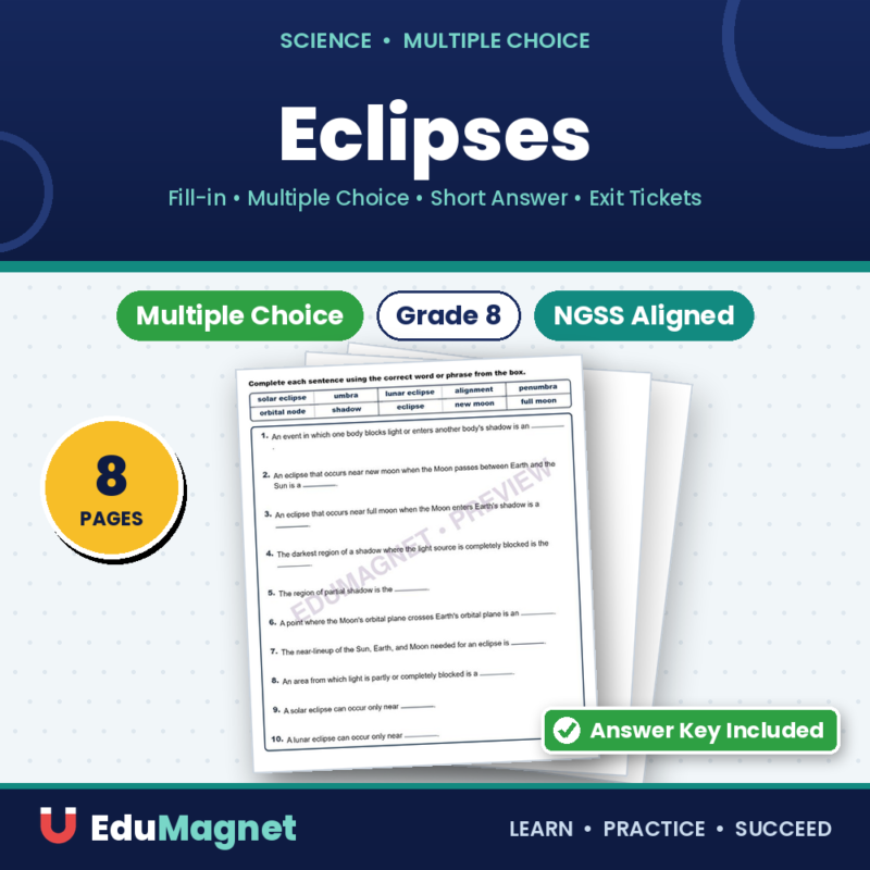 Eclipses Fill MCQ Written Exit Tickets Worksheet NGSS Grade 8