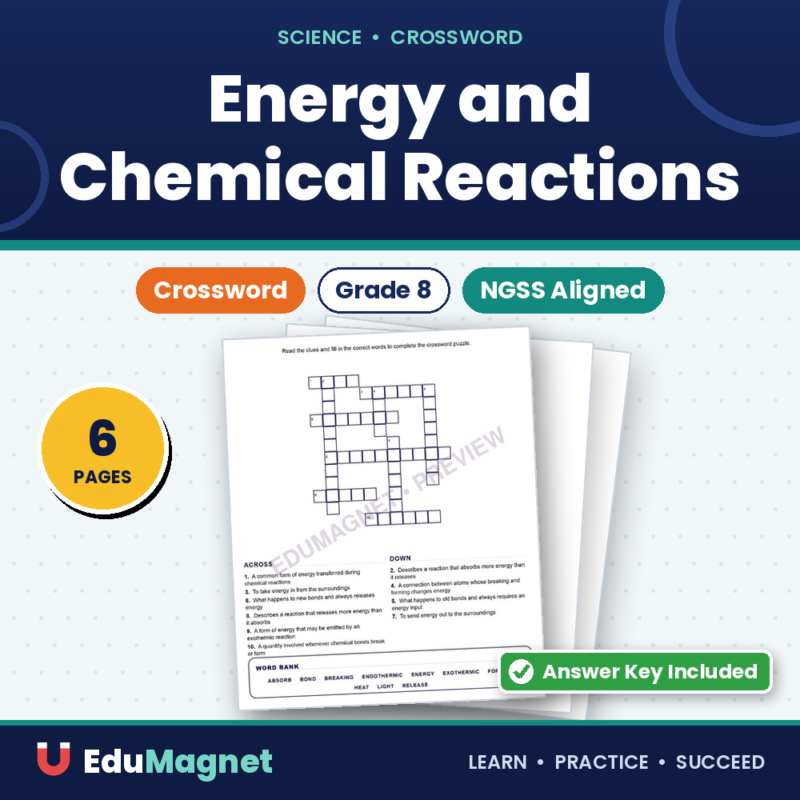 Energy And Chemical Reactions (Crossword Worksheets) Grade 8 Science Chapter 4