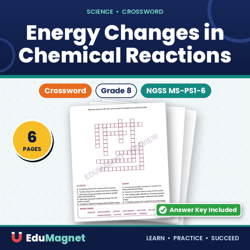 Energy Changes In Chemical Reactions (Crossword Worksheets) Grade 8 NGSS MS PS1 6