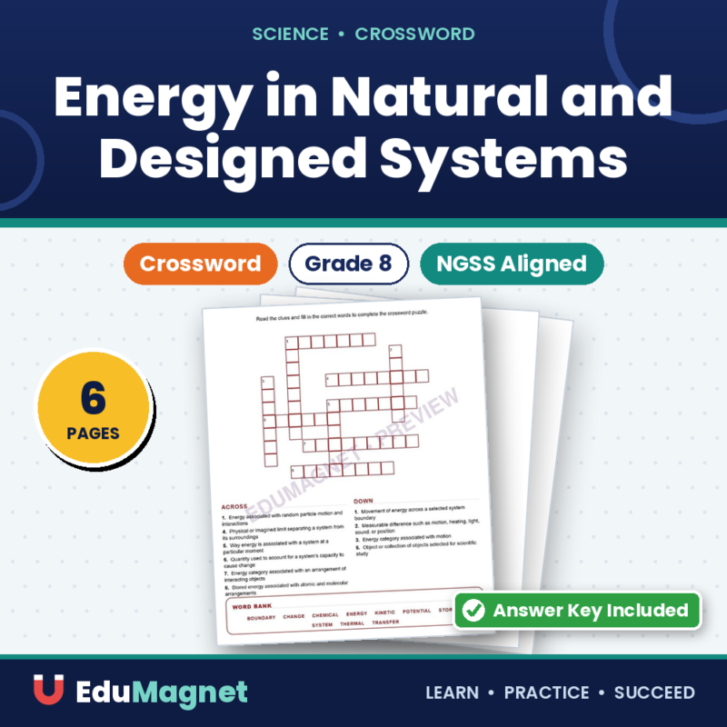 Energy In Natural And Designed Systems (Crossword Worksheets) NGSS MS PS3