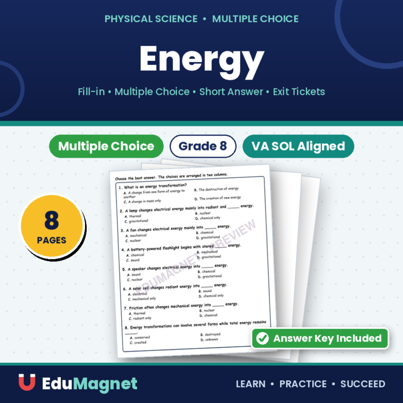 Energy MCQs Fill Written Exit Tickets Worksheet SOL Physical Science