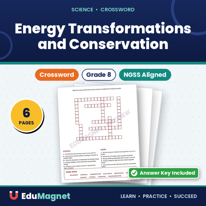 Energy Transformations And Conservation (Crossword Worksheets) NGSS MS PS3