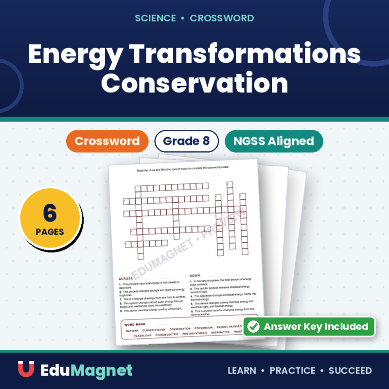 Energy Transformations Conservation (Crossword Worksheets) Grade 8 Science