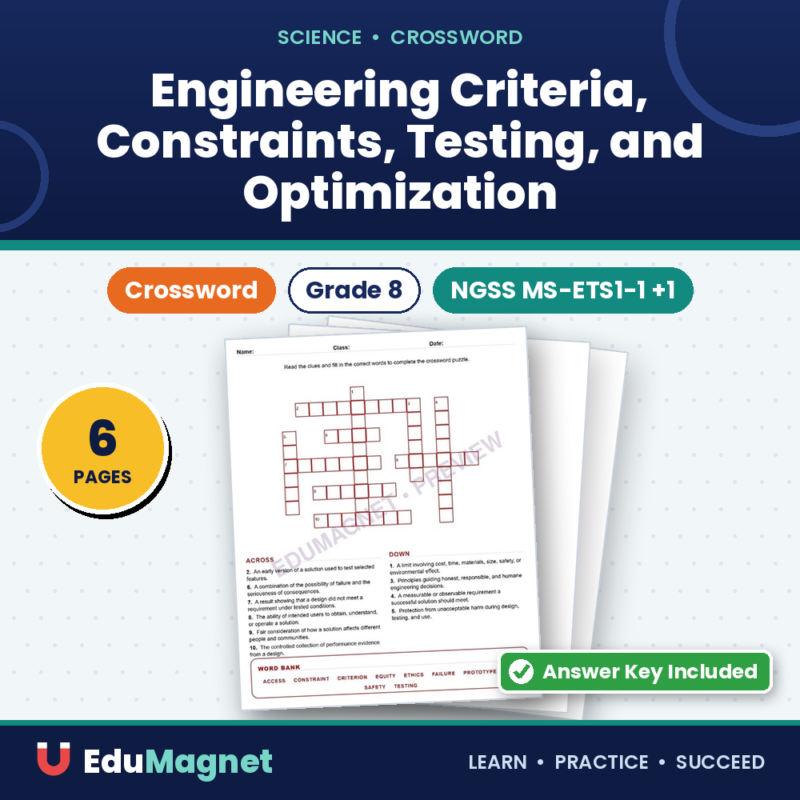 Engineering Criteria, Constraints, Testing, And Optimization (Crossword Worksheets) NGSS MS ETS1 1 Through MS ETS1 4