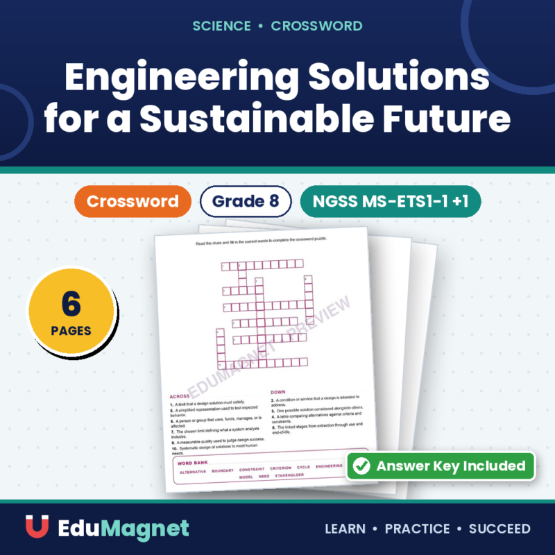 Engineering Solutions For A Sustainable Future (Crossword Worksheets) Grade 8 NGSS MS ETS1 1 Through MS ETS1 4