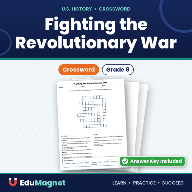 Fighting the Revolutionary War Grade 8 Crossword US History Worksheets.