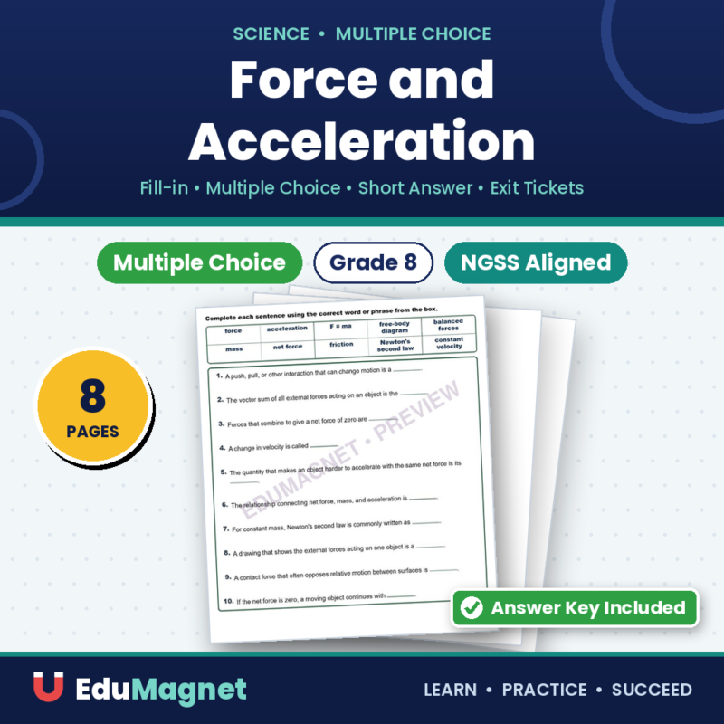 Force And Acceleration Fill MCQ Written Exit Tickets Worksheet NGSS Grade 8