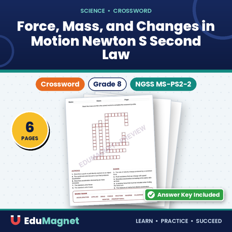 Force, Mass, And Changes In Motion Newton S Second Law (Crossword Worksheets) NGSS MS PS2 2