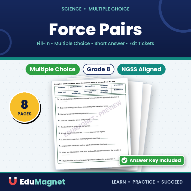 Force Pairs Fill MCQ Written Exit Tickets Worksheet NGSS Grade 8