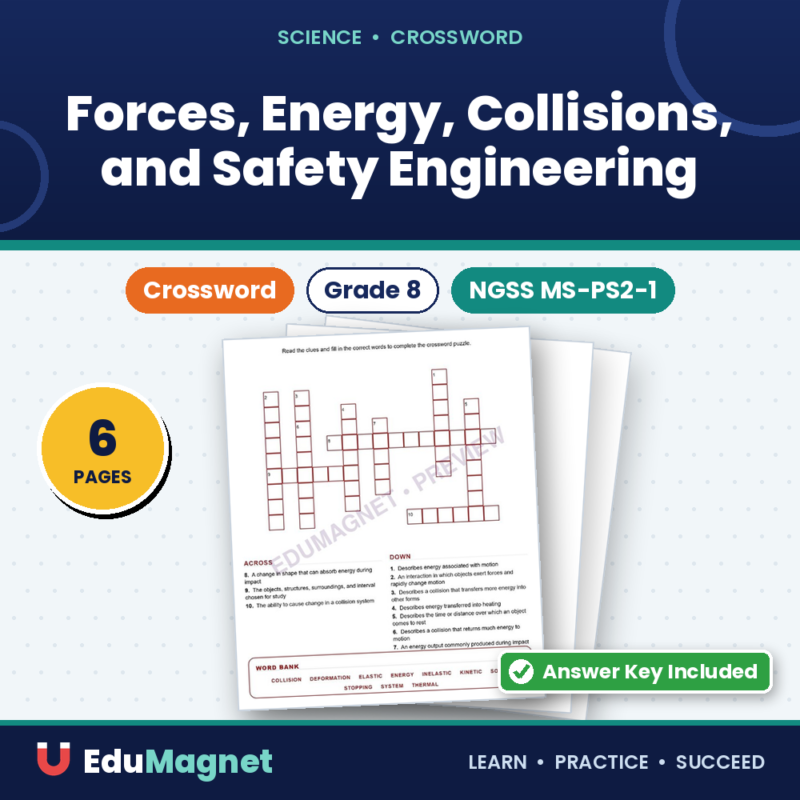 Forces, Energy, Collisions, And Safety Engineering (Crossword Worksheets) NGSS MS PS2 1