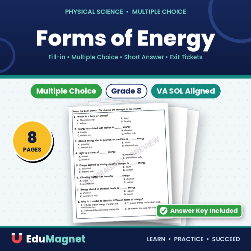 Forms Of Energy MCQs Fill Written Exit Tickets Worksheet SOL Physical Science