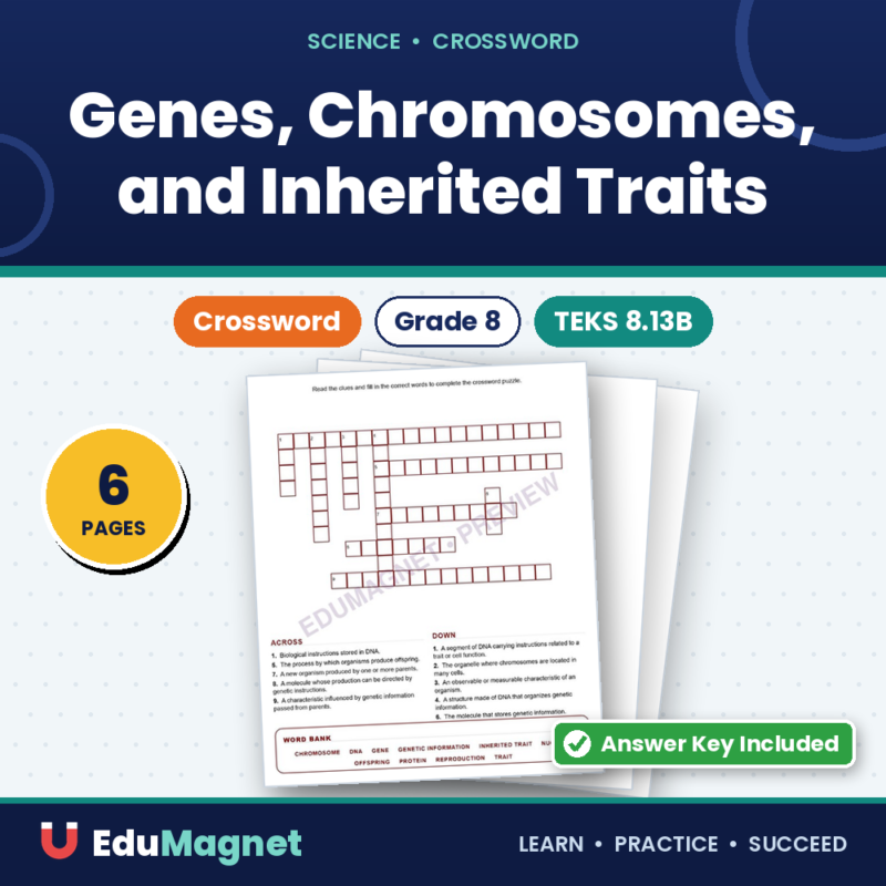 Genes, Chromosomes, And Inherited Traits (Crossword Worksheets) Grade 8 Science TEKS 8.13B