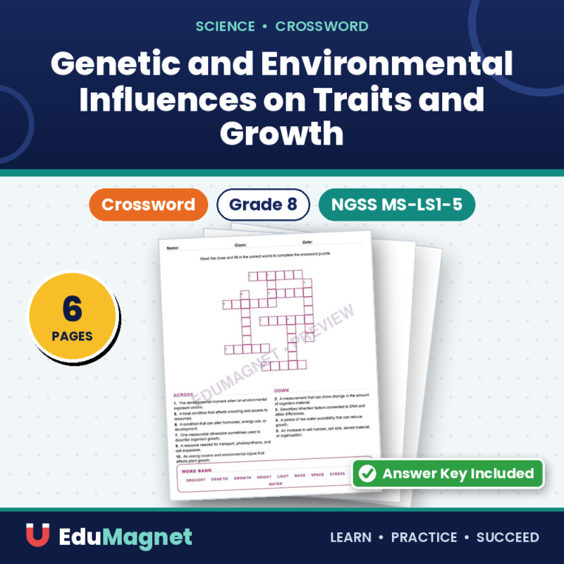 Genetic And Environmental Influences On Traits And Growth (Crossword Worksheets) NGSS MS LS1 5