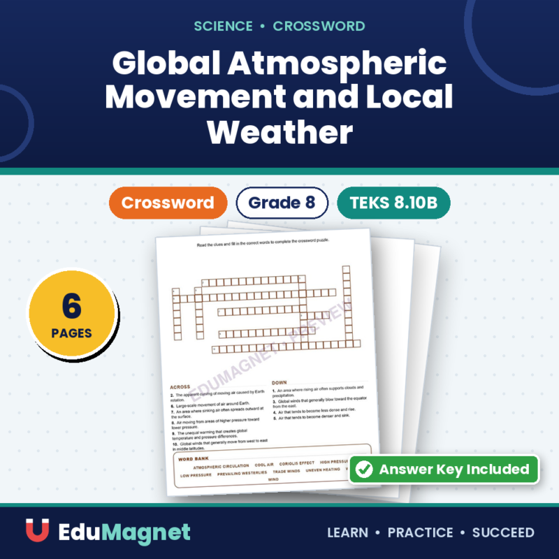 Global Atmospheric Movement And Local Weather (Crossword Worksheets) Grade 8 Science TEKS 8.10B