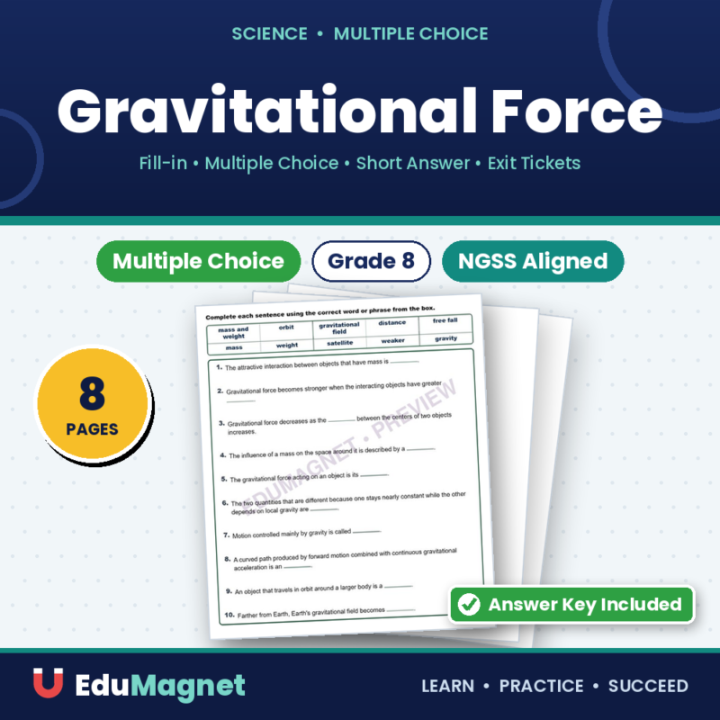 Gravitational Force Fill MCQ Written Exit Tickets Worksheet NGSS Grade 8