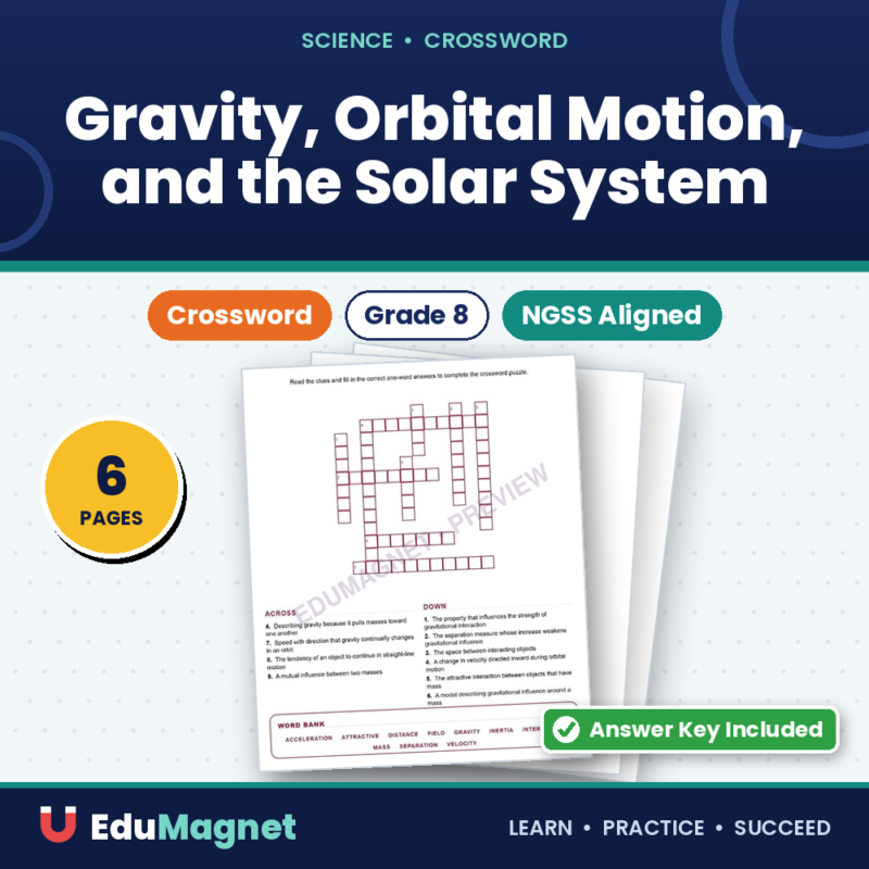 Gravity, Orbital Motion, And The Solar System (Crossword Worksheets) Grade 8 NGSS