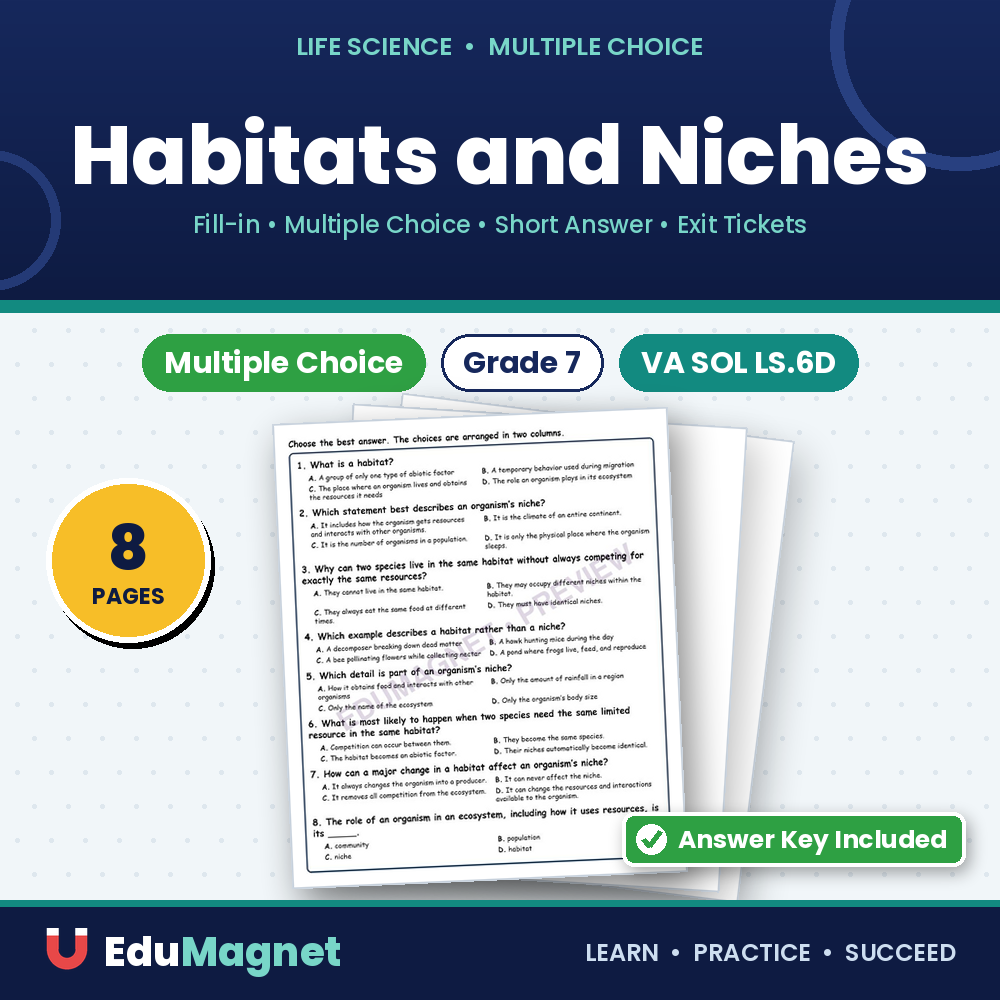 Habitats And Niches Life Science Virginia SOL LS.6D MCQ Fill Short Exit Worksheets