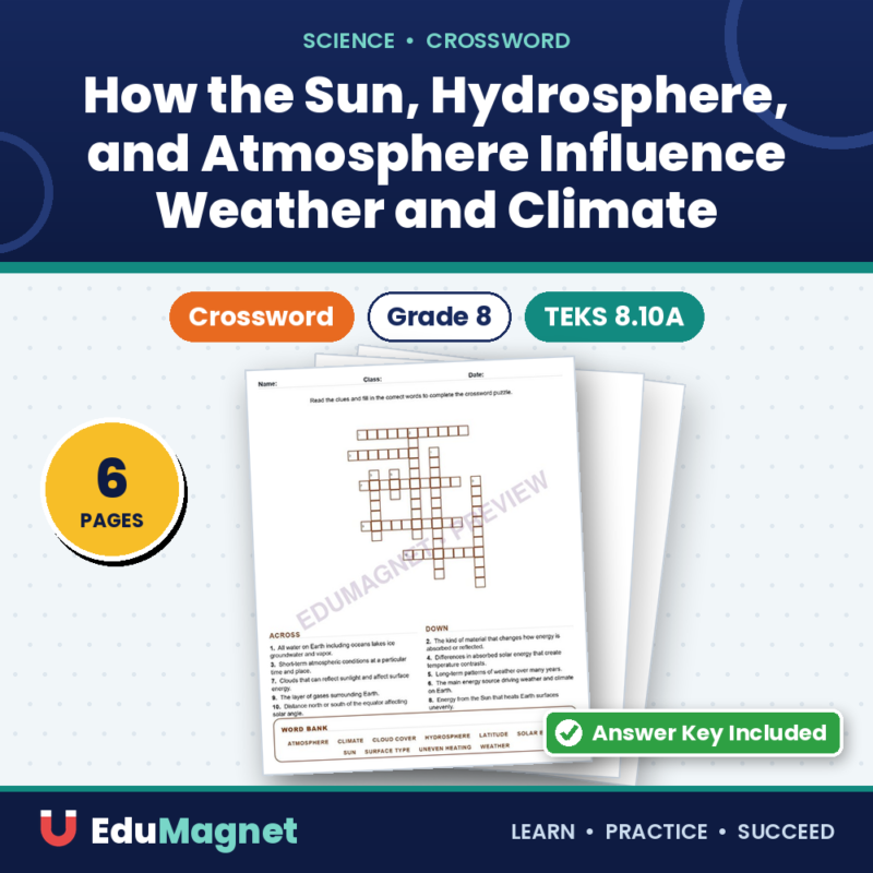 How The Sun, Hydrosphere, And Atmosphere Influence Weather And Climate (Crossword Worksheets) Grade 8 Science TEKS 8.10A