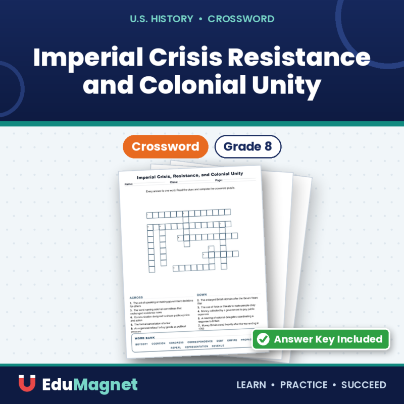 Imperial Crisis Resistance and Colonial Unity Grade 8 Crossword US History Worksheets.