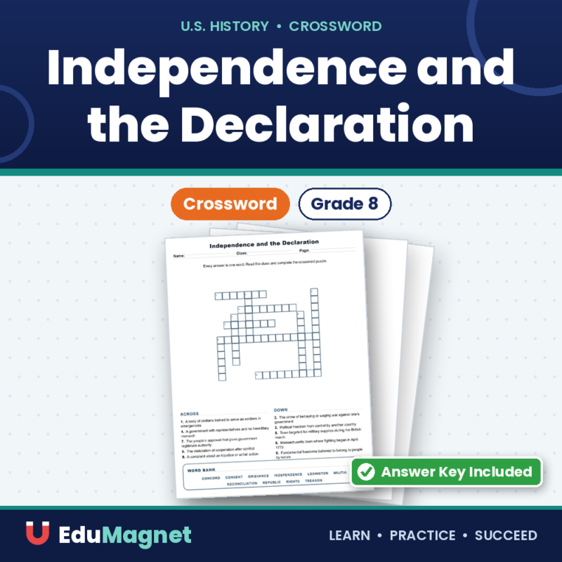 Independence and the Declaration Grade 8 Crossword US History Worksheets.
