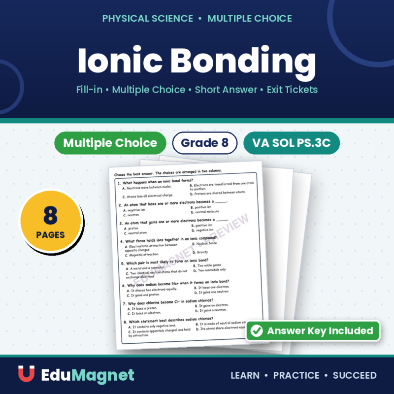 Ionic Bonding Physical Science Virginia SOL PS.3C MCQ Fill Short Exit Worksheets