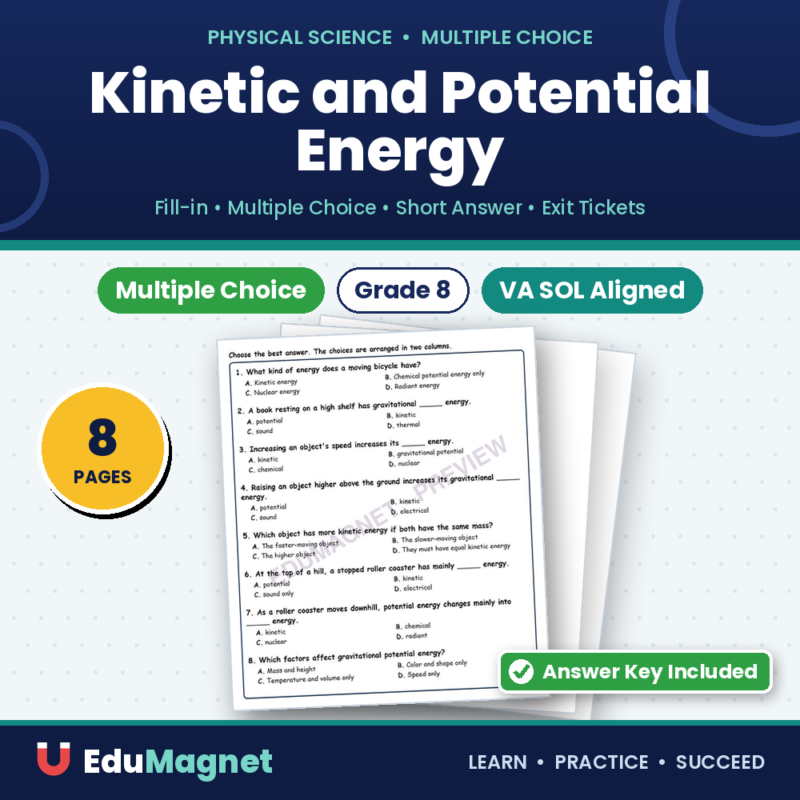 Kinetic And Potential Energy MCQs Fill Written Exit Tickets Worksheet SOL Physical Science