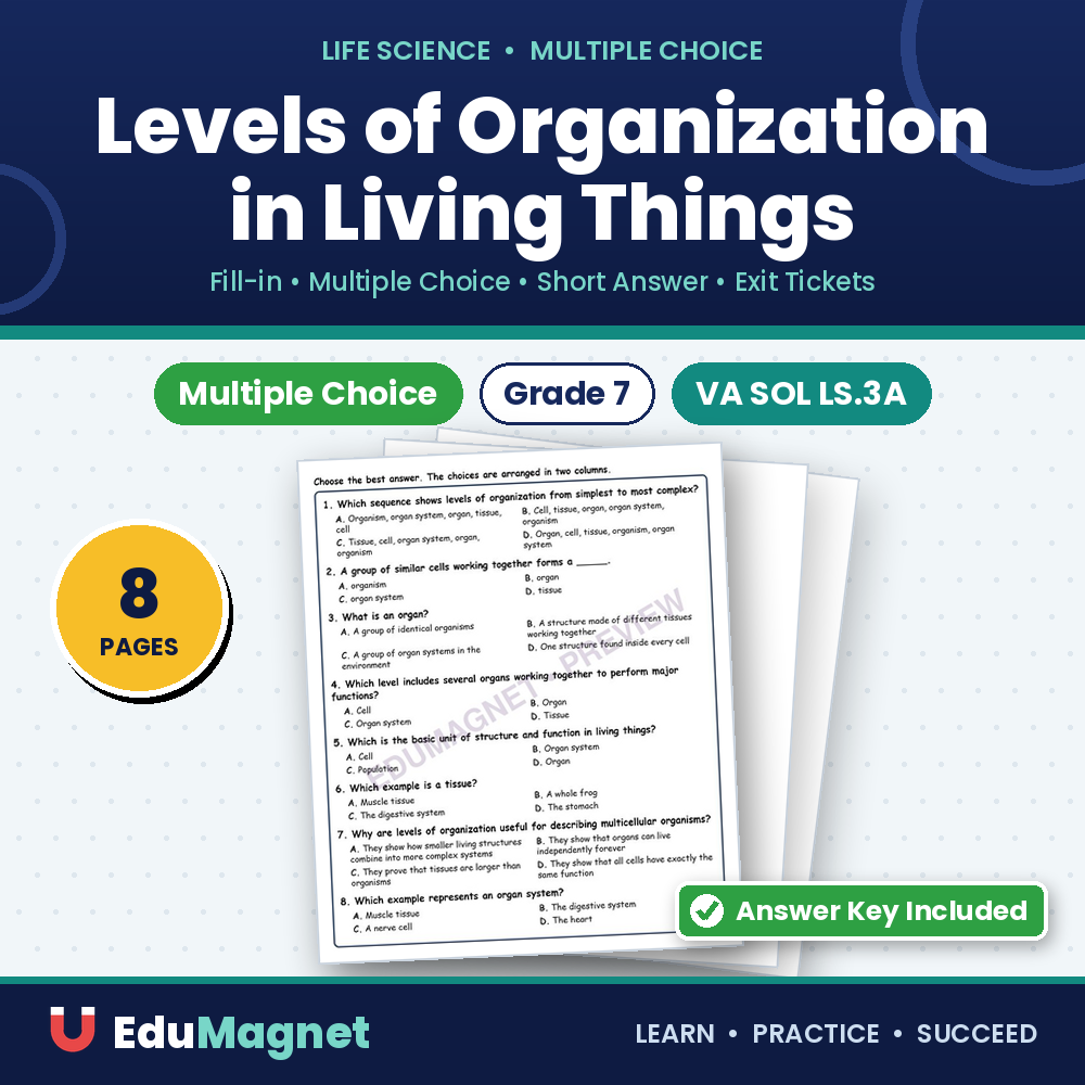 Levels Of Organization In Living Things Life Science Virginia SOL LS.3A MCQ Fill