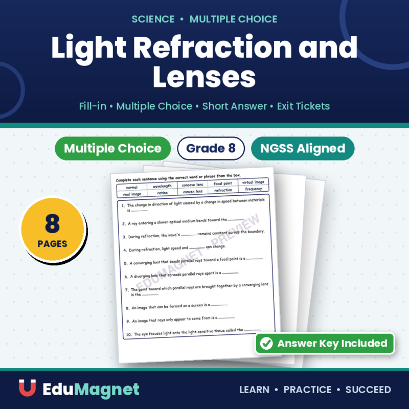Light Refraction And Lenses Fill MCQ Written Exit Tickets Worksheet NGSS Grade 8