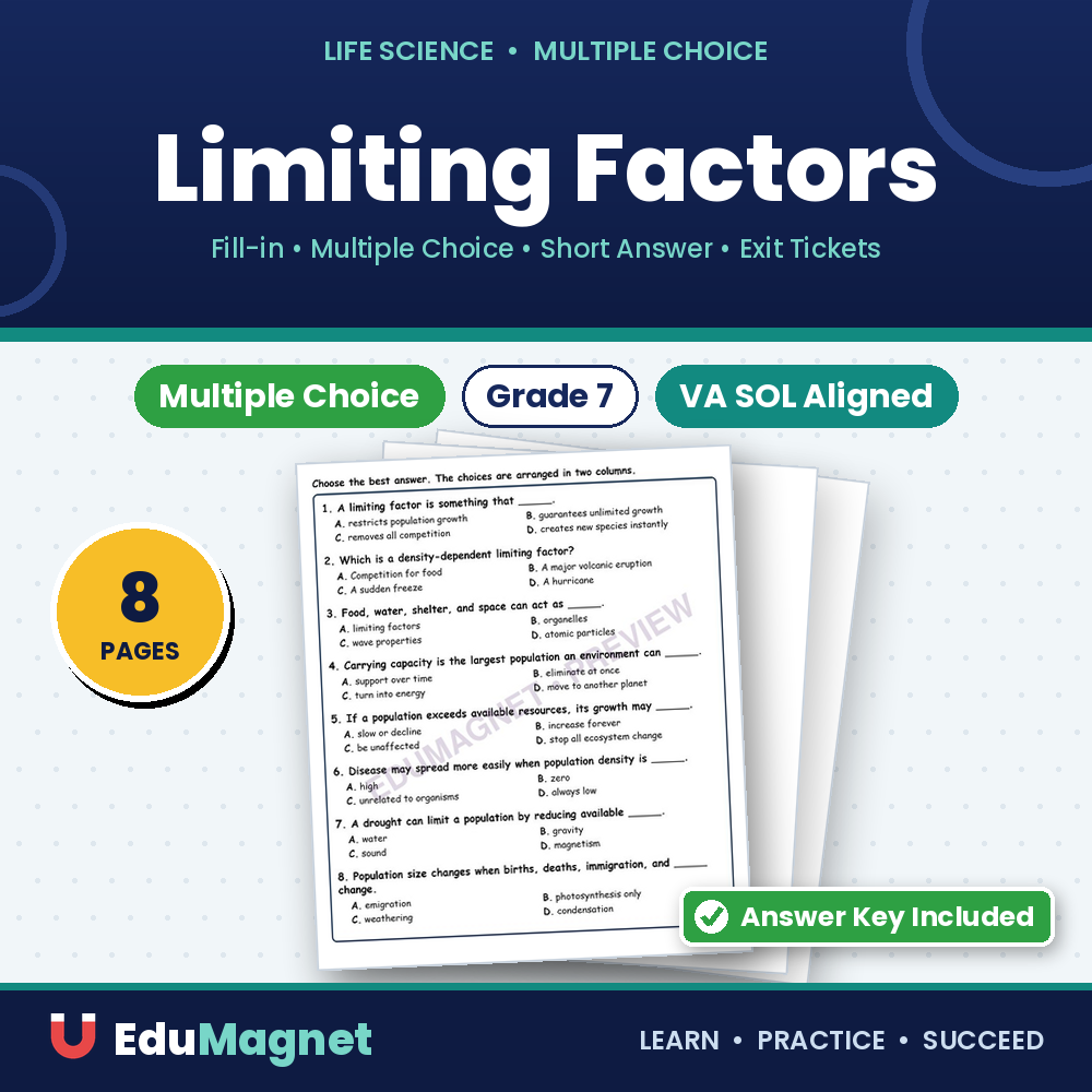 Limiting Factors Fill MCQ Written Exit Tickets Worksheet SOL Life Science
