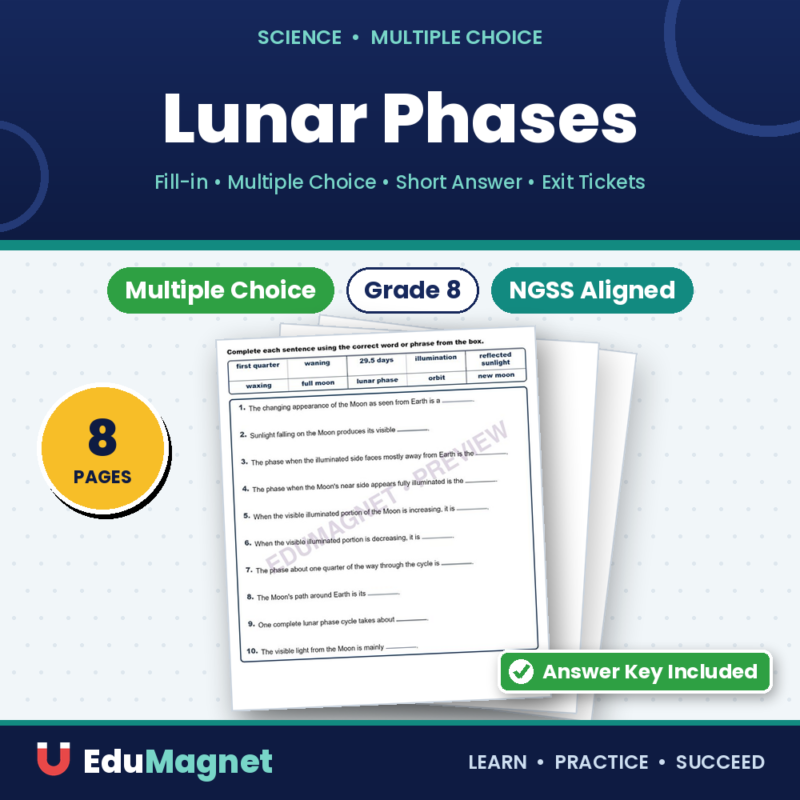 Lunar Phases Fill MCQ Written Exit Tickets Worksheet NGSS Grade 8