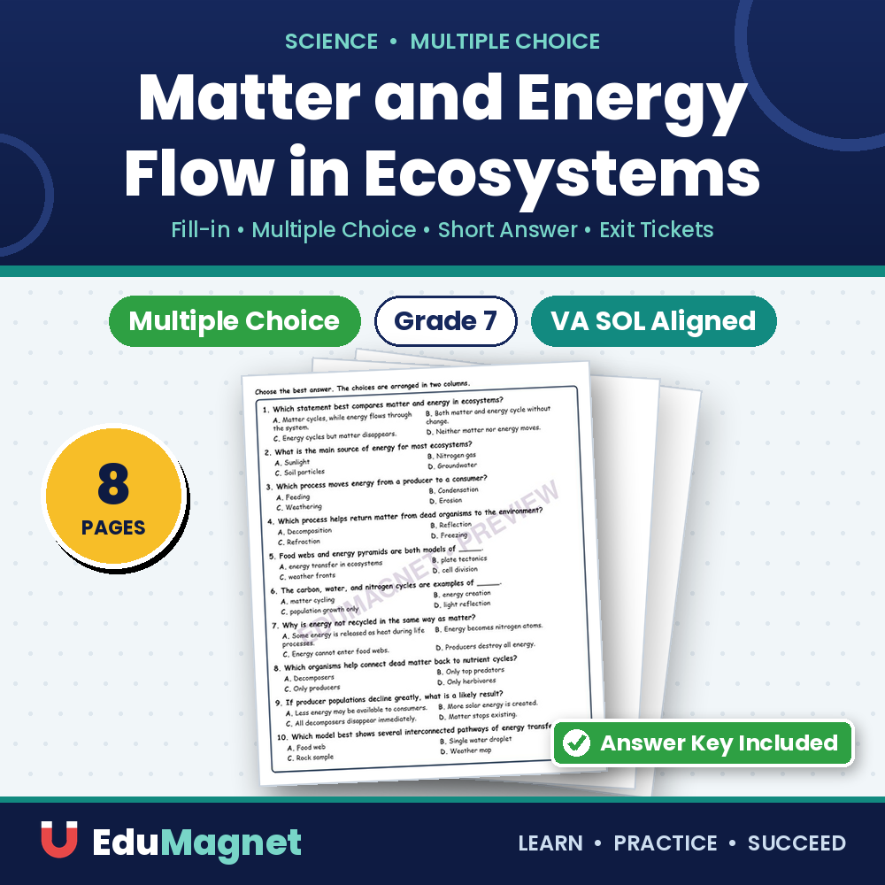 Matter And Energy Flow In Ecosystems MCQ Fill Written Exit Worksheet SOL