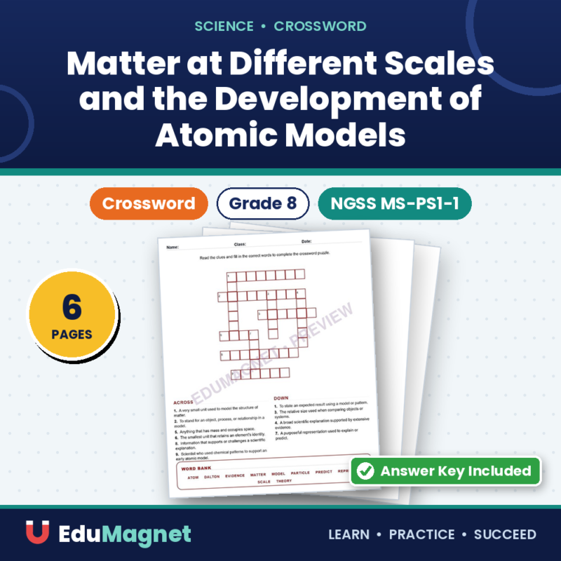 Matter At Different Scales And The Development Of Atomic Models (Crossword Worksheets) Grade 8 NGSS MS PS1 1
