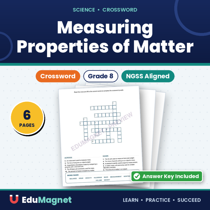 Measuring Properties Of Matter (Crossword Worksheets) Grade 8 Science