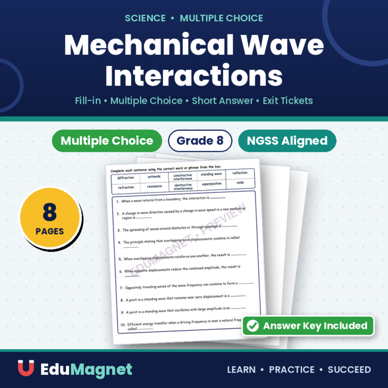 Mechanical Wave Interactions Fill MCQ Written Exit Tickets Worksheet NGSS Grade 8