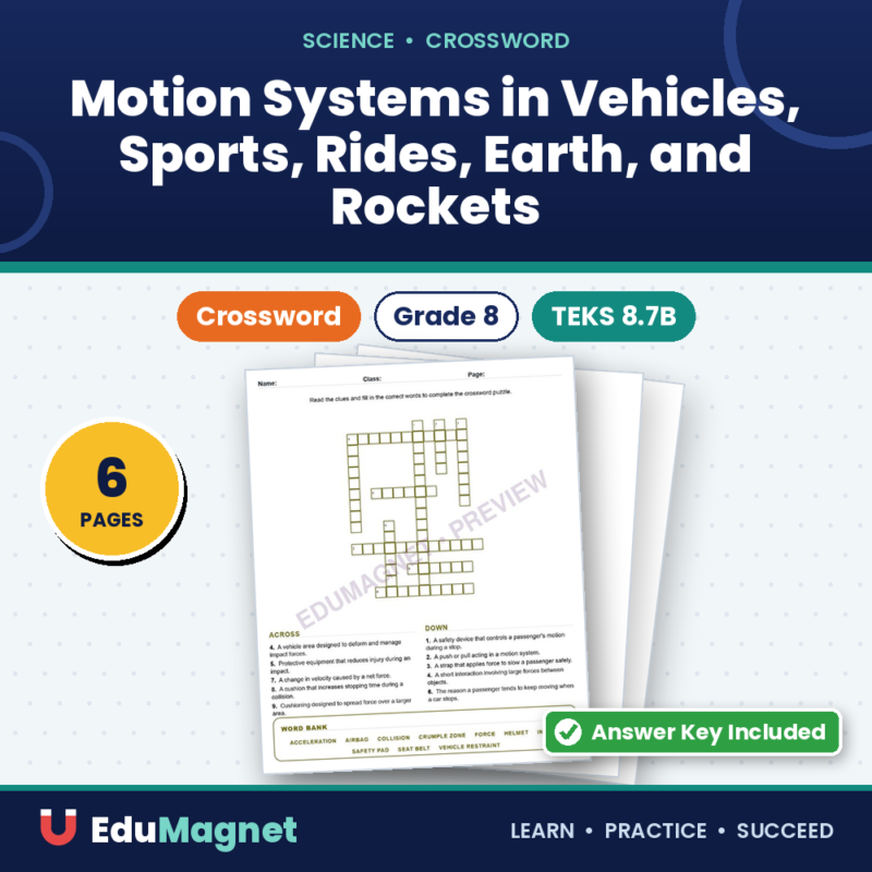 Motion Systems In Vehicles, Sports, Rides, Earth, And Rockets (Crossword Worksheets) Science TEKS 8.7B