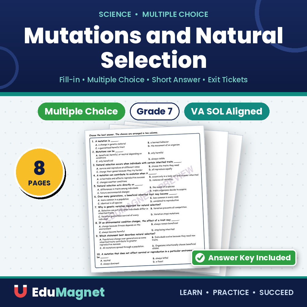 Mutations And Natural Selection MCQ Fill Written Exit Worksheet SOL Life Sci
