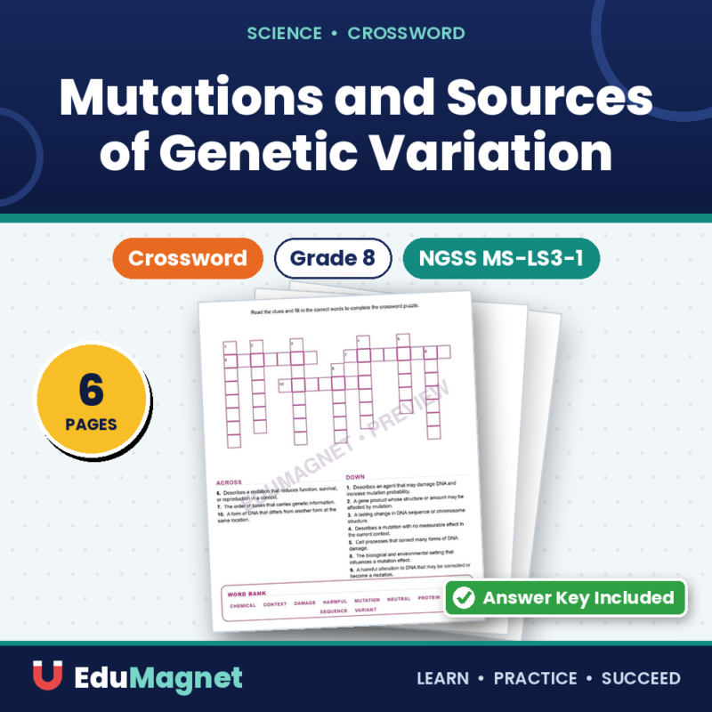 Mutations And Sources Of Genetic Variation (Crossword Worksheets) NGSS MS LS3 1
