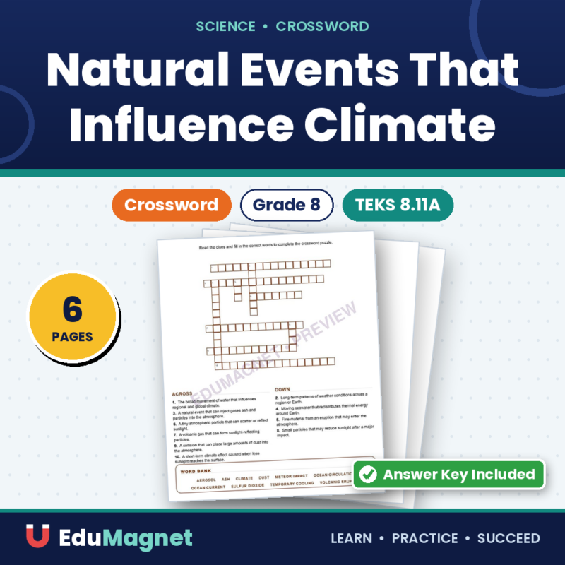 Natural Events That Influence Climate (Crossword Worksheets) Grade 8 Science TEKS 8.11A
