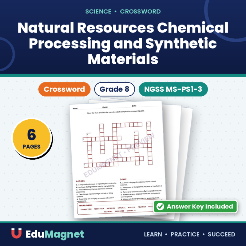 Natural Resources Chemical Processing And Synthetic Materials (Crossword Worksheets) Grade 8 NGSS MS PS1 3