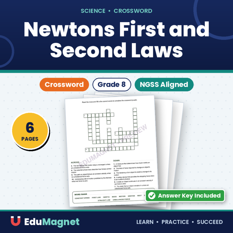 Newtons First And Second Laws (Crossword Worksheets) Grade 8 Science Forces