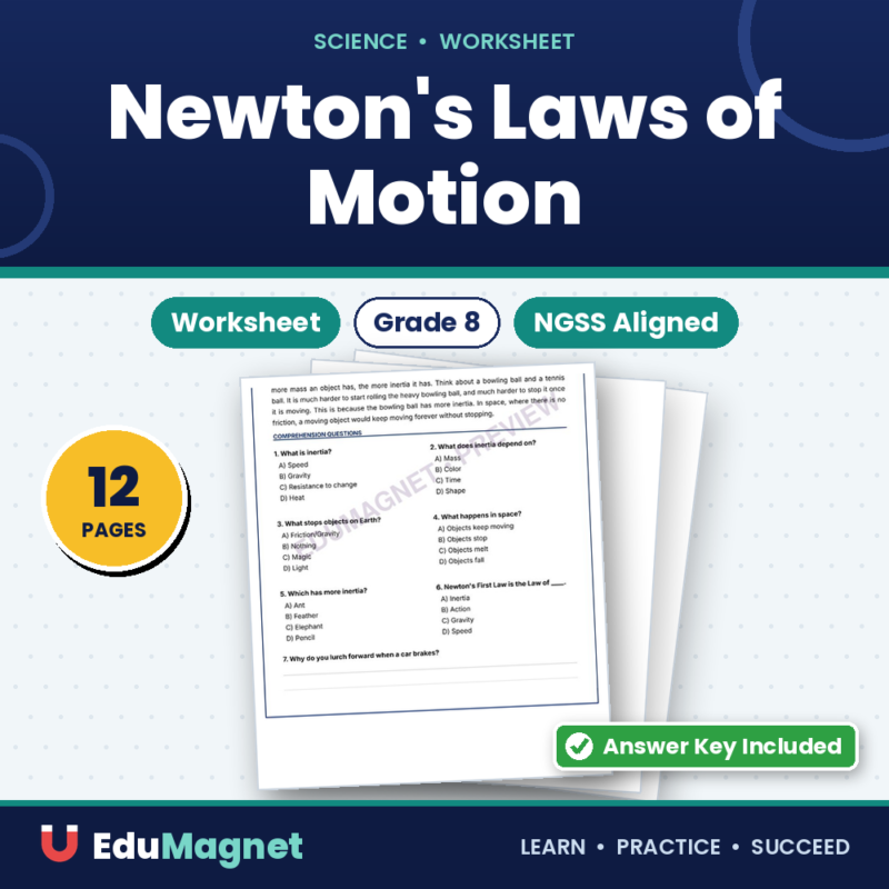 Newton's Laws of Motion NGSS G8Worksheets