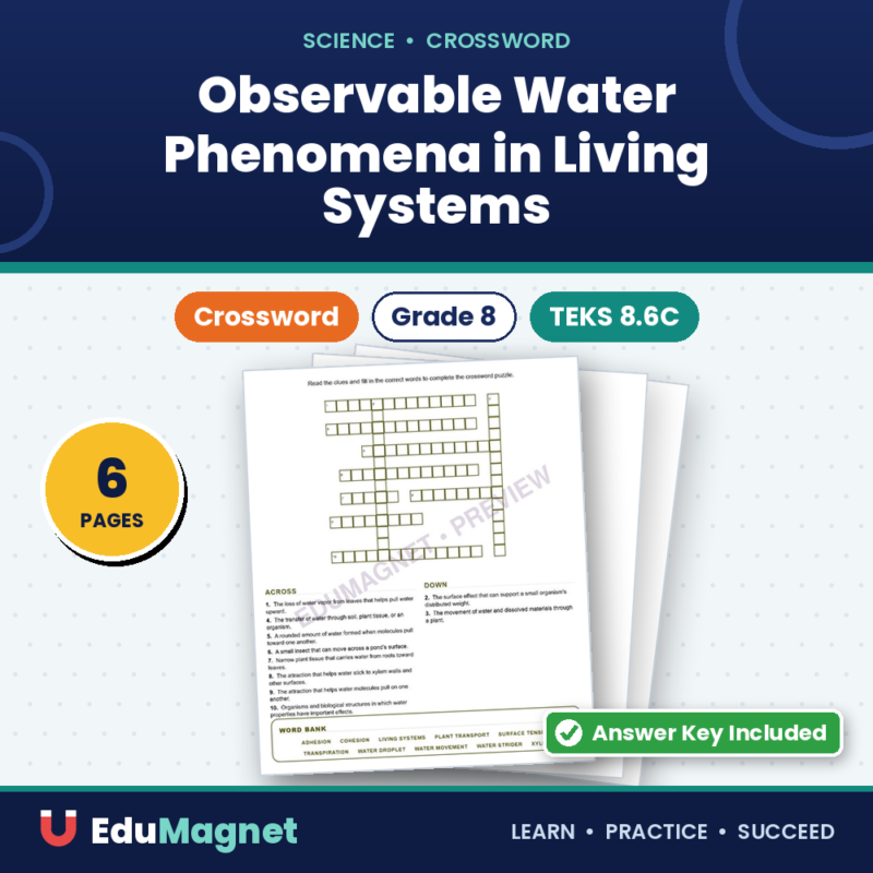 Observable Water Phenomena in Living Systems (Crossword Worksheets) Grade 8 Science TEKS 8.6C