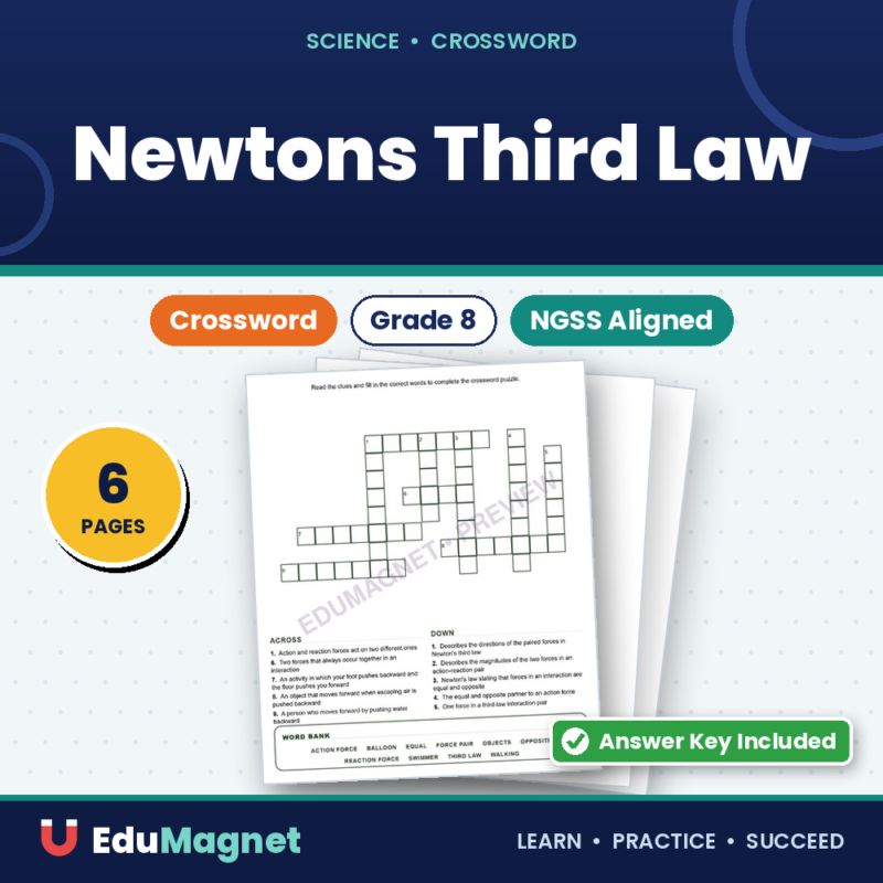 Newtons Third Law (Crossword Worksheets) Grade 8 Science Forces
