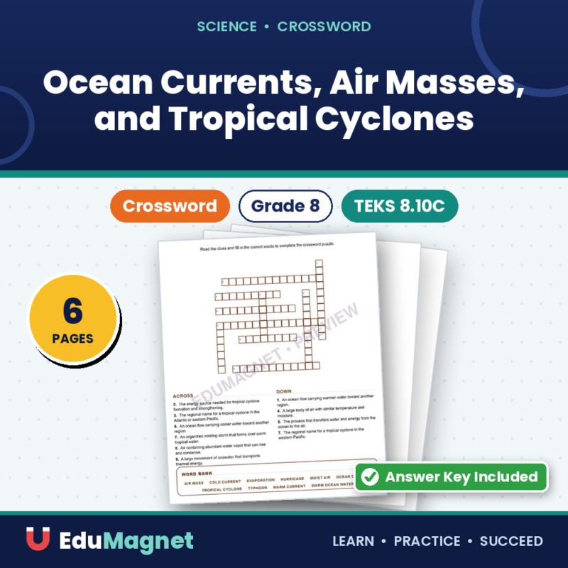 Ocean Currents, Air Masses, And Tropical Cyclones (Crossword Worksheets) Grade 8 Science TEKS 8.10C