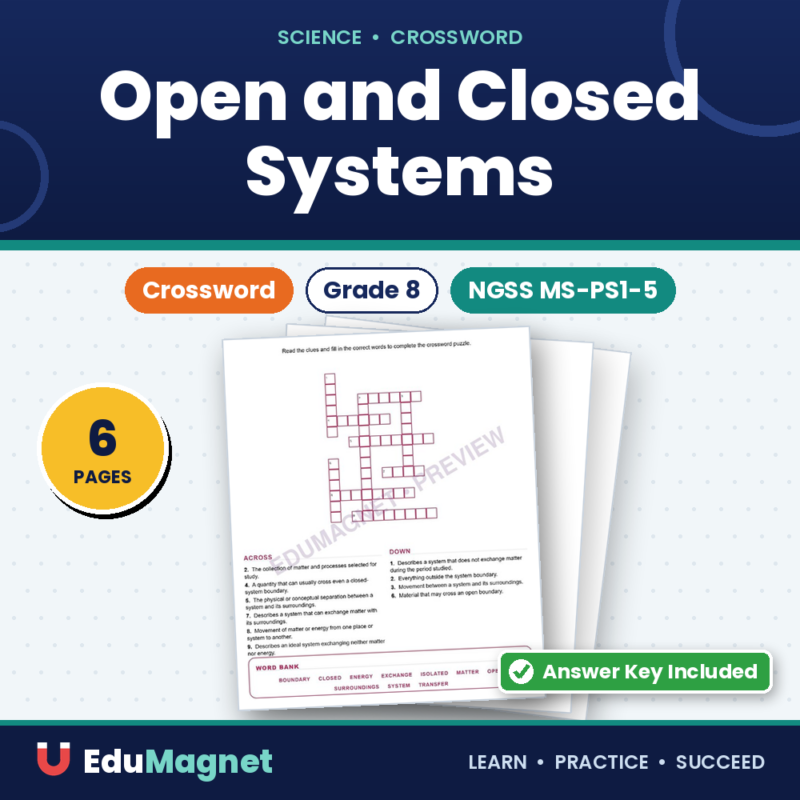 Open And Closed Systems (Crossword Worksheets) Grade 8 NGSS MS PS1 5
