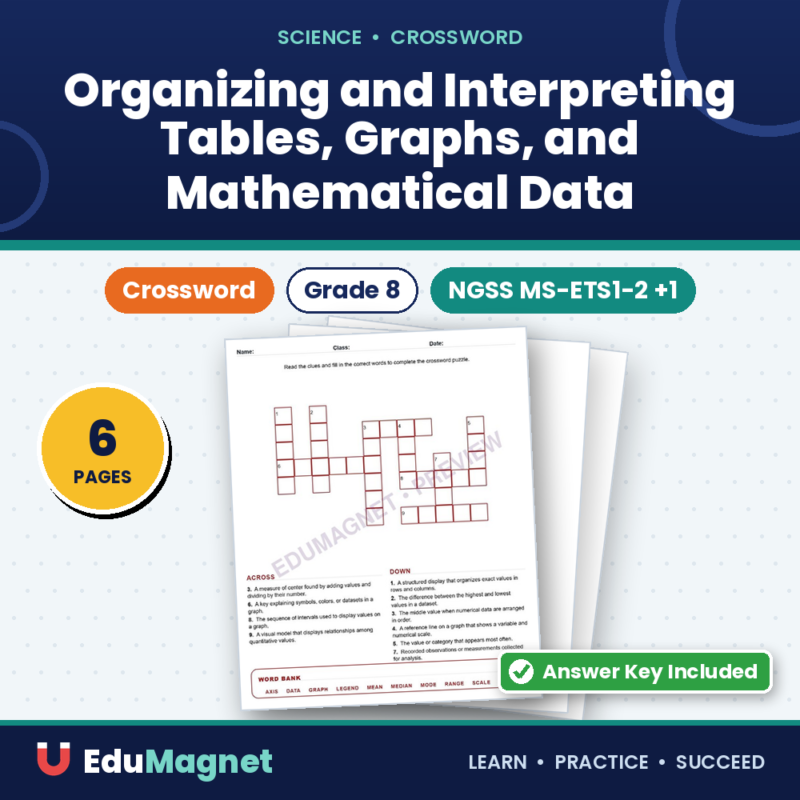 Organizing And Interpreting Tables, Graphs, And Mathematical Data (Crossword Worksheets) NGSS MS ETS1 2 And MS ETS1 3
