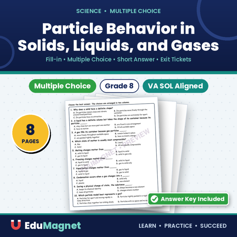 Particle Behavior In Solids, Liquids, And Gases MCQ Fill Written Exit Ticket