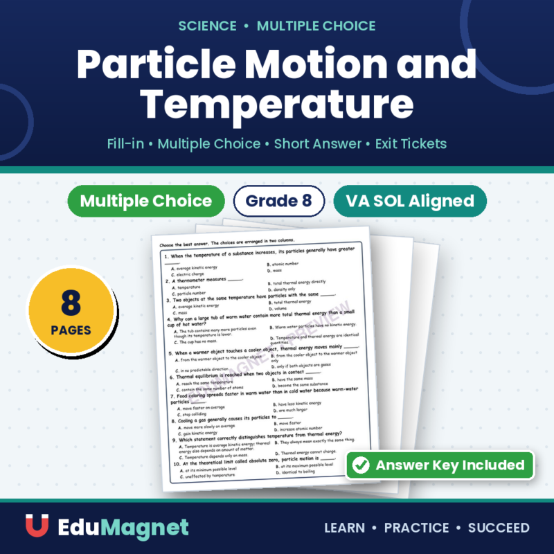 Particle Motion And Temperature MCQ Fill Written Exit Tickets Worksheet SOL
