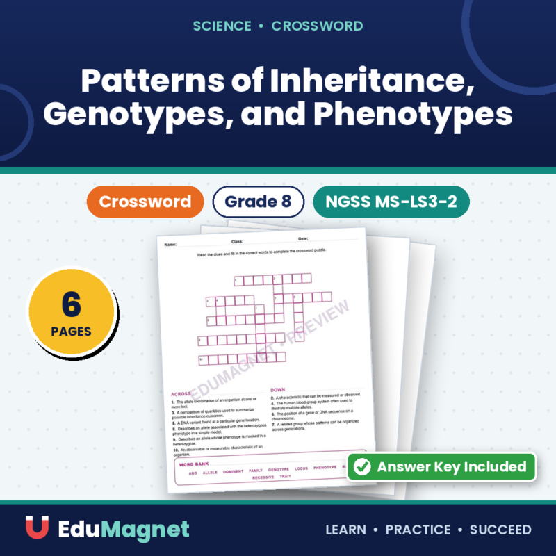 Patterns Of Inheritance, Genotypes, And Phenotypes (Crossword Worksheets) NGSS MS LS3 2