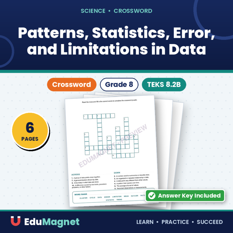 Patterns, Statistics, Error, And Limitations In Data (Crossword Worksheets) Science TEKS 8.2B